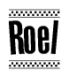 The image is a black and white clipart of the text Roel in a bold, italicized font. The text is bordered by a dotted line on the top and bottom, and there are checkered flags positioned at both ends of the text, usually associated with racing or finishing lines.
