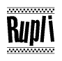 The image is a black and white clipart of the text Rupli in a bold, italicized font. The text is bordered by a dotted line on the top and bottom, and there are checkered flags positioned at both ends of the text, usually associated with racing or finishing lines.