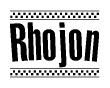 The image is a black and white clipart of the text Rhojon in a bold, italicized font. The text is bordered by a dotted line on the top and bottom, and there are checkered flags positioned at both ends of the text, usually associated with racing or finishing lines.