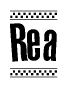 The image is a black and white clipart of the text Rea in a bold, italicized font. The text is bordered by a dotted line on the top and bottom, and there are checkered flags positioned at both ends of the text, usually associated with racing or finishing lines.
