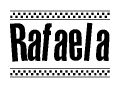 The clipart image displays the text Rafaela in a bold, stylized font. It is enclosed in a rectangular border with a checkerboard pattern running below and above the text, similar to a finish line in racing. 