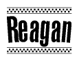 The clipart image displays the text Reagan in a bold, stylized font. It is enclosed in a rectangular border with a checkerboard pattern running below and above the text, similar to a finish line in racing. 