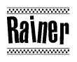 The image contains the text Rainer in a bold, stylized font, with a checkered flag pattern bordering the top and bottom of the text.