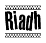The image contains the text Riadh in a bold, stylized font, with a checkered flag pattern bordering the top and bottom of the text.