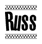 The image contains the text Russ in a bold, stylized font, with a checkered flag pattern bordering the top and bottom of the text.