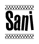 The image contains the text Sani in a bold, stylized font, with a checkered flag pattern bordering the top and bottom of the text.
