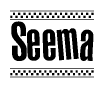 The clipart image displays the text Seema in a bold, stylized font. It is enclosed in a rectangular border with a checkerboard pattern running below and above the text, similar to a finish line in racing. 