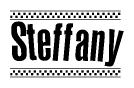 The clipart image displays the text Steffany in a bold, stylized font. It is enclosed in a rectangular border with a checkerboard pattern running below and above the text, similar to a finish line in racing. 