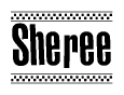The image is a black and white clipart of the text Sheree in a bold, italicized font. The text is bordered by a dotted line on the top and bottom, and there are checkered flags positioned at both ends of the text, usually associated with racing or finishing lines.