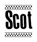 The image contains the text Scot in a bold, stylized font, with a checkered flag pattern bordering the top and bottom of the text.