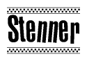 The image is a black and white clipart of the text Stenner in a bold, italicized font. The text is bordered by a dotted line on the top and bottom, and there are checkered flags positioned at both ends of the text, usually associated with racing or finishing lines.