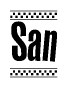 The image is a black and white clipart of the text San in a bold, italicized font. The text is bordered by a dotted line on the top and bottom, and there are checkered flags positioned at both ends of the text, usually associated with racing or finishing lines.
