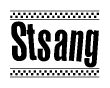 The image is a black and white clipart of the text Stsang in a bold, italicized font. The text is bordered by a dotted line on the top and bottom, and there are checkered flags positioned at both ends of the text, usually associated with racing or finishing lines.