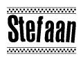 The clipart image displays the text Stefaan in a bold, stylized font. It is enclosed in a rectangular border with a checkerboard pattern running below and above the text, similar to a finish line in racing. 