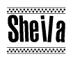 The image is a black and white clipart of the text Sheila in a bold, italicized font. The text is bordered by a dotted line on the top and bottom, and there are checkered flags positioned at both ends of the text, usually associated with racing or finishing lines.