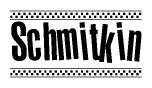The image contains the text Schmitkin in a bold, stylized font, with a checkered flag pattern bordering the top and bottom of the text.