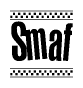 The image is a black and white clipart of the text Smaf in a bold, italicized font. The text is bordered by a dotted line on the top and bottom, and there are checkered flags positioned at both ends of the text, usually associated with racing or finishing lines.