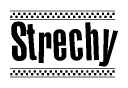 The clipart image displays the text Strechy in a bold, stylized font. It is enclosed in a rectangular border with a checkerboard pattern running below and above the text, similar to a finish line in racing. 