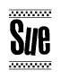 The image is a black and white clipart of the text Sue in a bold, italicized font. The text is bordered by a dotted line on the top and bottom, and there are checkered flags positioned at both ends of the text, usually associated with racing or finishing lines.