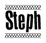 The image is a black and white clipart of the text Steph in a bold, italicized font. The text is bordered by a dotted line on the top and bottom, and there are checkered flags positioned at both ends of the text, usually associated with racing or finishing lines.