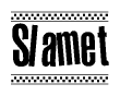 The image is a black and white clipart of the text Slamet in a bold, italicized font. The text is bordered by a dotted line on the top and bottom, and there are checkered flags positioned at both ends of the text, usually associated with racing or finishing lines.