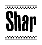 The image is a black and white clipart of the text Shar in a bold, italicized font. The text is bordered by a dotted line on the top and bottom, and there are checkered flags positioned at both ends of the text, usually associated with racing or finishing lines.