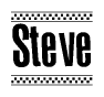 The image contains the text Steve in a bold, stylized font, with a checkered flag pattern bordering the top and bottom of the text.