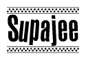 The image is a black and white clipart of the text Supajee in a bold, italicized font. The text is bordered by a dotted line on the top and bottom, and there are checkered flags positioned at both ends of the text, usually associated with racing or finishing lines.