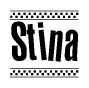 The image is a black and white clipart of the text Stina in a bold, italicized font. The text is bordered by a dotted line on the top and bottom, and there are checkered flags positioned at both ends of the text, usually associated with racing or finishing lines.