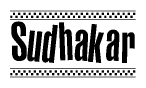 The image is a black and white clipart of the text Sudhakar in a bold, italicized font. The text is bordered by a dotted line on the top and bottom, and there are checkered flags positioned at both ends of the text, usually associated with racing or finishing lines.