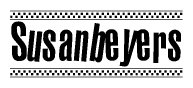 The image is a black and white clipart of the text Susanbeyers in a bold, italicized font. The text is bordered by a dotted line on the top and bottom, and there are checkered flags positioned at both ends of the text, usually associated with racing or finishing lines.
