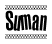 The image contains the text Suman in a bold, stylized font, with a checkered flag pattern bordering the top and bottom of the text.
