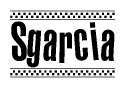 The image contains the text Sgarcia in a bold, stylized font, with a checkered flag pattern bordering the top and bottom of the text.