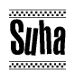 The image is a black and white clipart of the text Suha in a bold, italicized font. The text is bordered by a dotted line on the top and bottom, and there are checkered flags positioned at both ends of the text, usually associated with racing or finishing lines.