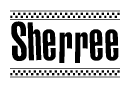 The clipart image displays the text Sherree in a bold, stylized font. It is enclosed in a rectangular border with a checkerboard pattern running below and above the text, similar to a finish line in racing. 