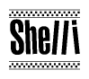 The image is a black and white clipart of the text Shelli in a bold, italicized font. The text is bordered by a dotted line on the top and bottom, and there are checkered flags positioned at both ends of the text, usually associated with racing or finishing lines.