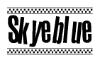 The image is a black and white clipart of the text Skyeblue in a bold, italicized font. The text is bordered by a dotted line on the top and bottom, and there are checkered flags positioned at both ends of the text, usually associated with racing or finishing lines.