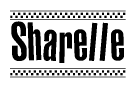 The clipart image displays the text Sharelle in a bold, stylized font. It is enclosed in a rectangular border with a checkerboard pattern running below and above the text, similar to a finish line in racing. 