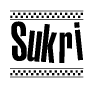 The image contains the text Sukri in a bold, stylized font, with a checkered flag pattern bordering the top and bottom of the text.