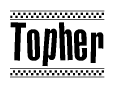 The image contains the text Topher in a bold, stylized font, with a checkered flag pattern bordering the top and bottom of the text.