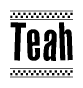 The image contains the text Teah in a bold, stylized font, with a checkered flag pattern bordering the top and bottom of the text.