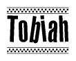 The image is a black and white clipart of the text Tobiah in a bold, italicized font. The text is bordered by a dotted line on the top and bottom, and there are checkered flags positioned at both ends of the text, usually associated with racing or finishing lines.