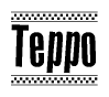 The image is a black and white clipart of the text Teppo in a bold, italicized font. The text is bordered by a dotted line on the top and bottom, and there are checkered flags positioned at both ends of the text, usually associated with racing or finishing lines.
