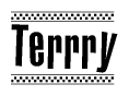 The image contains the text Terrry in a bold, stylized font, with a checkered flag pattern bordering the top and bottom of the text.