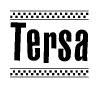 The image is a black and white clipart of the text Tersa in a bold, italicized font. The text is bordered by a dotted line on the top and bottom, and there are checkered flags positioned at both ends of the text, usually associated with racing or finishing lines.