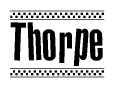 The image contains the text Thorpe in a bold, stylized font, with a checkered flag pattern bordering the top and bottom of the text.