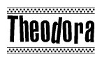 The image is a black and white clipart of the text Theodora in a bold, italicized font. The text is bordered by a dotted line on the top and bottom, and there are checkered flags positioned at both ends of the text, usually associated with racing or finishing lines.