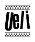 The image contains the text Ueli in a bold, stylized font, with a checkered flag pattern bordering the top and bottom of the text.