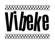 The image is a black and white clipart of the text Vibeke in a bold, italicized font. The text is bordered by a dotted line on the top and bottom, and there are checkered flags positioned at both ends of the text, usually associated with racing or finishing lines.