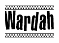 The image is a black and white clipart of the text Wardah in a bold, italicized font. The text is bordered by a dotted line on the top and bottom, and there are checkered flags positioned at both ends of the text, usually associated with racing or finishing lines.